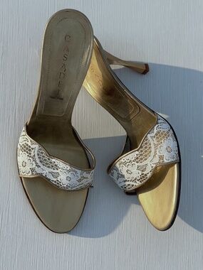 Vintage Casadei Y2K Gold Leather Lace Mules Size 8